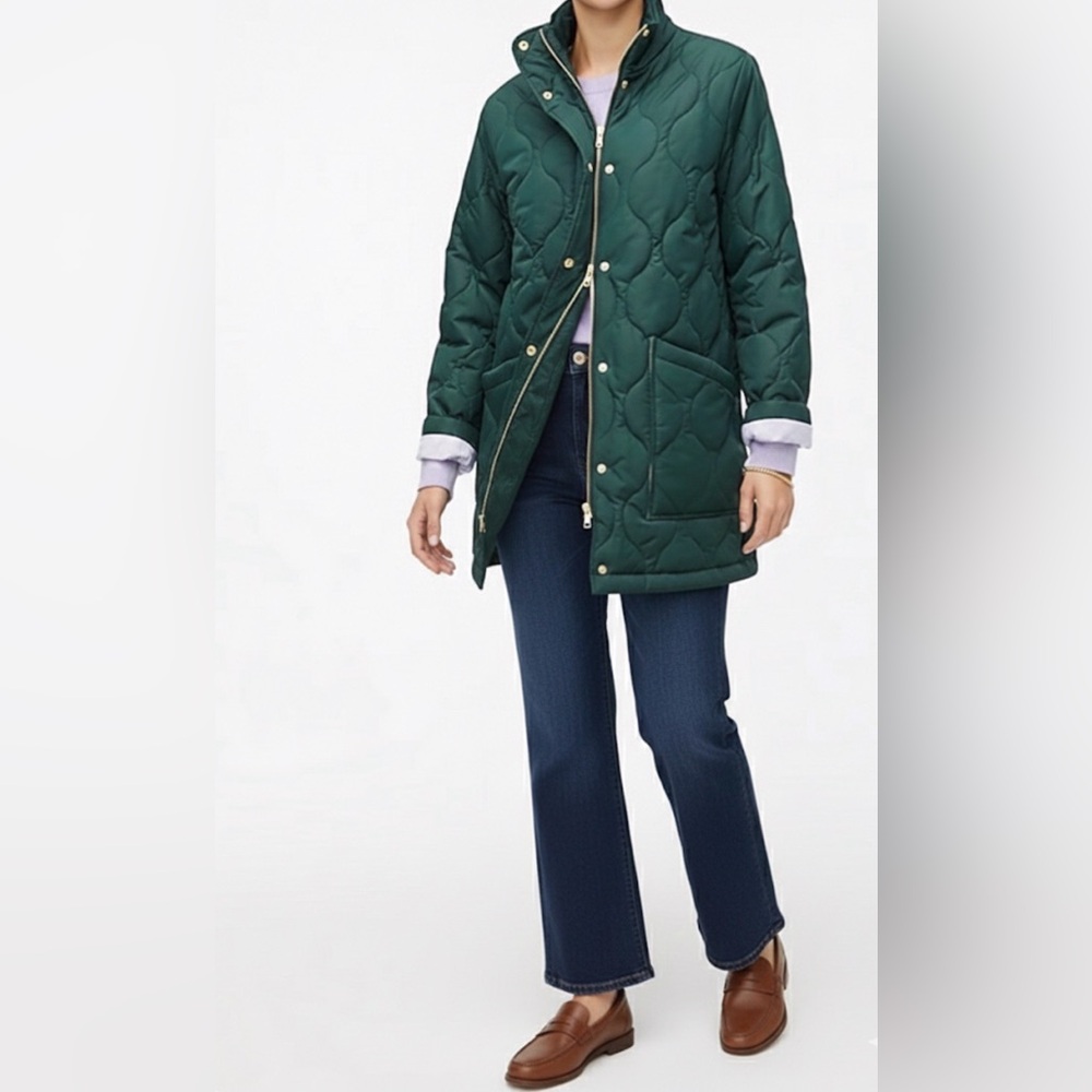 J.Crew - women’s City puffer quilted jacket full zip high Collar Coat green SZ S - Picture 2 of 10